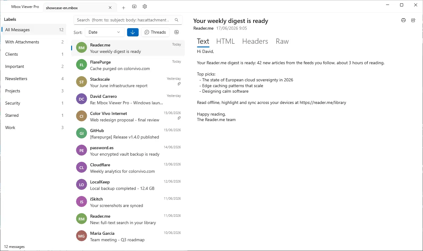 Mbox Viewer on Windows showing a three-column layout: message list, color-coded labels in the sidebar and a rendered email.