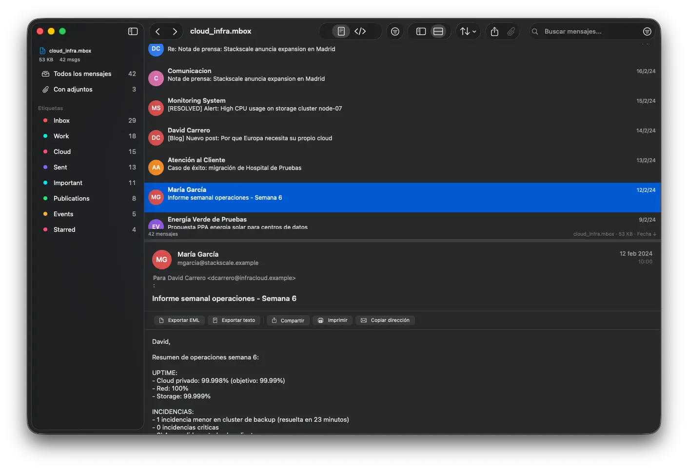 Mbox Viewer — three-column layout with message list, Gmail labels and text view.