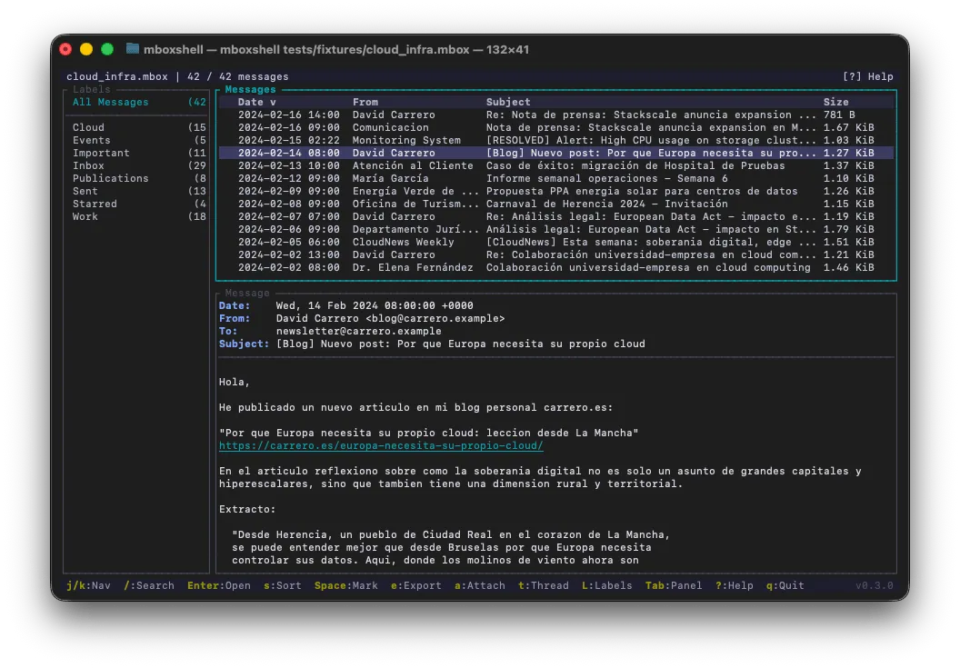 mboxShell running in a terminal, showing an MBOX archive with its message list, folders and reading pane.